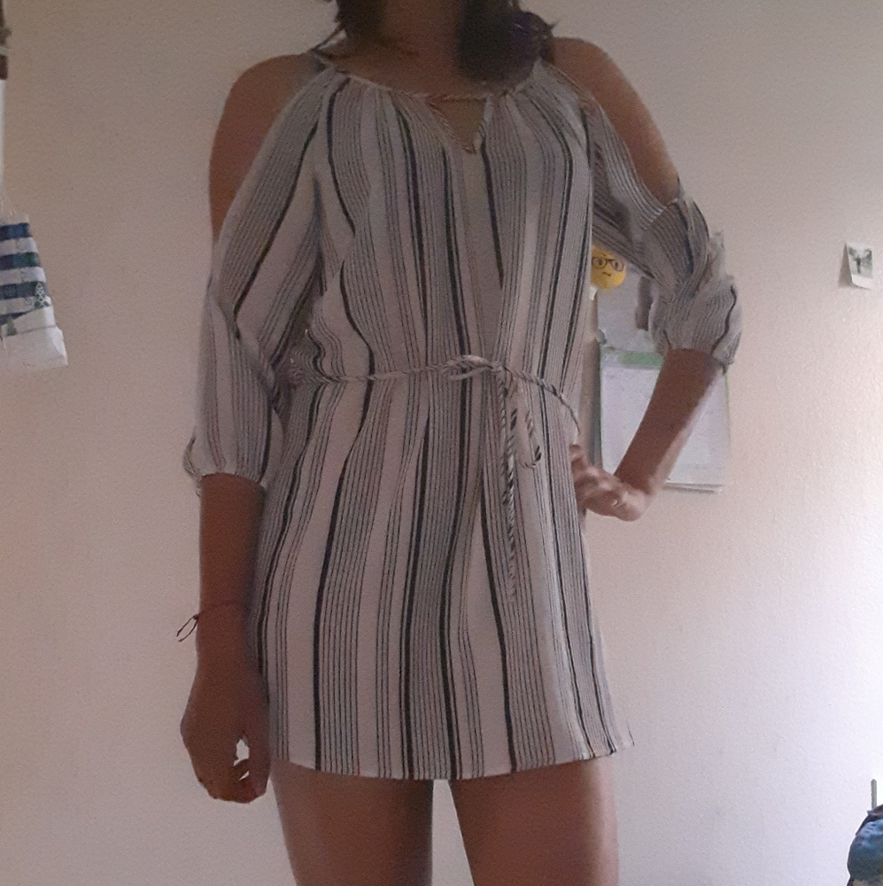 A mini black and white dress.